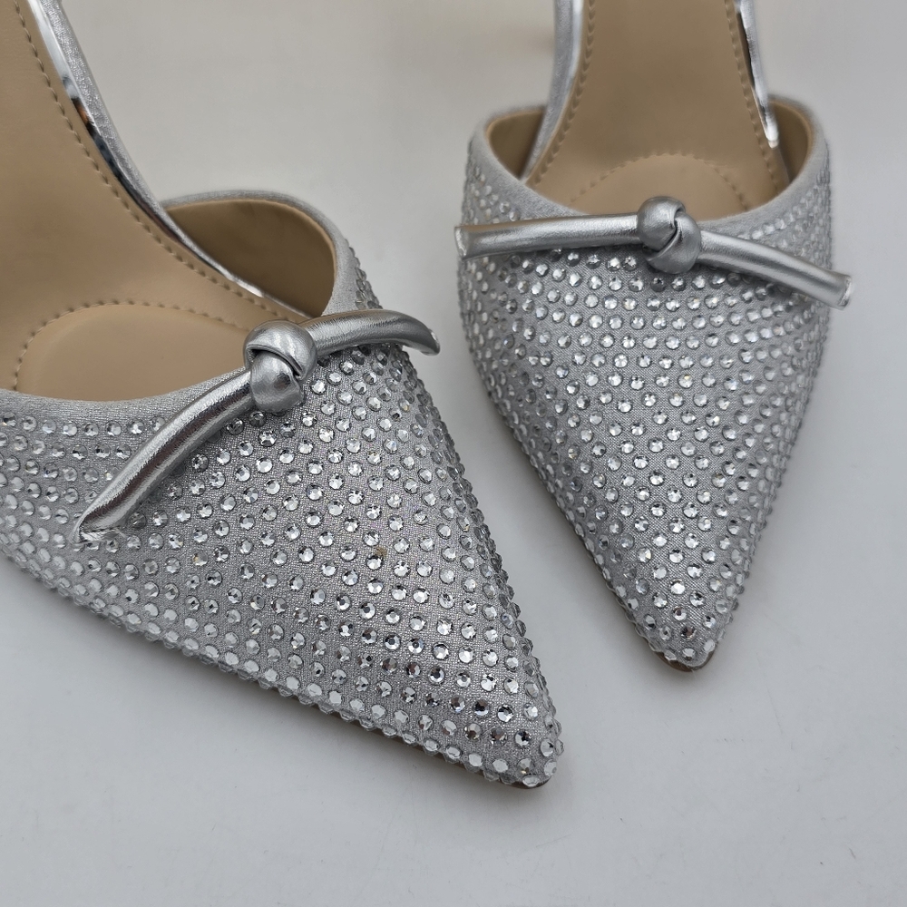 NIB Jewel Badgley Terresa D'Orsay Stiletto Pumps, Silver Textile, Women's Size 7 - Picture 5 of 16